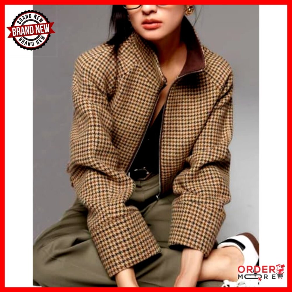 Wool Blend Cropped Bomber Jacket Regular Fit Houn… - image 4